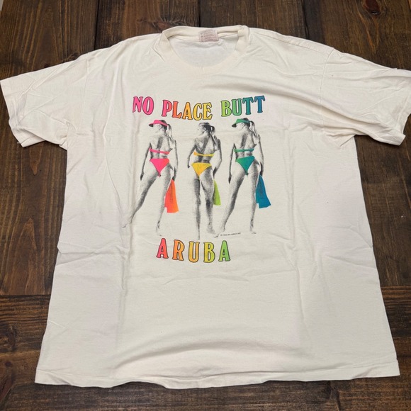 Hanes Other - Vintage 1990 No Place Butt Aruba T Shirt Hanes Heavyweight XL Single Stitch Neon